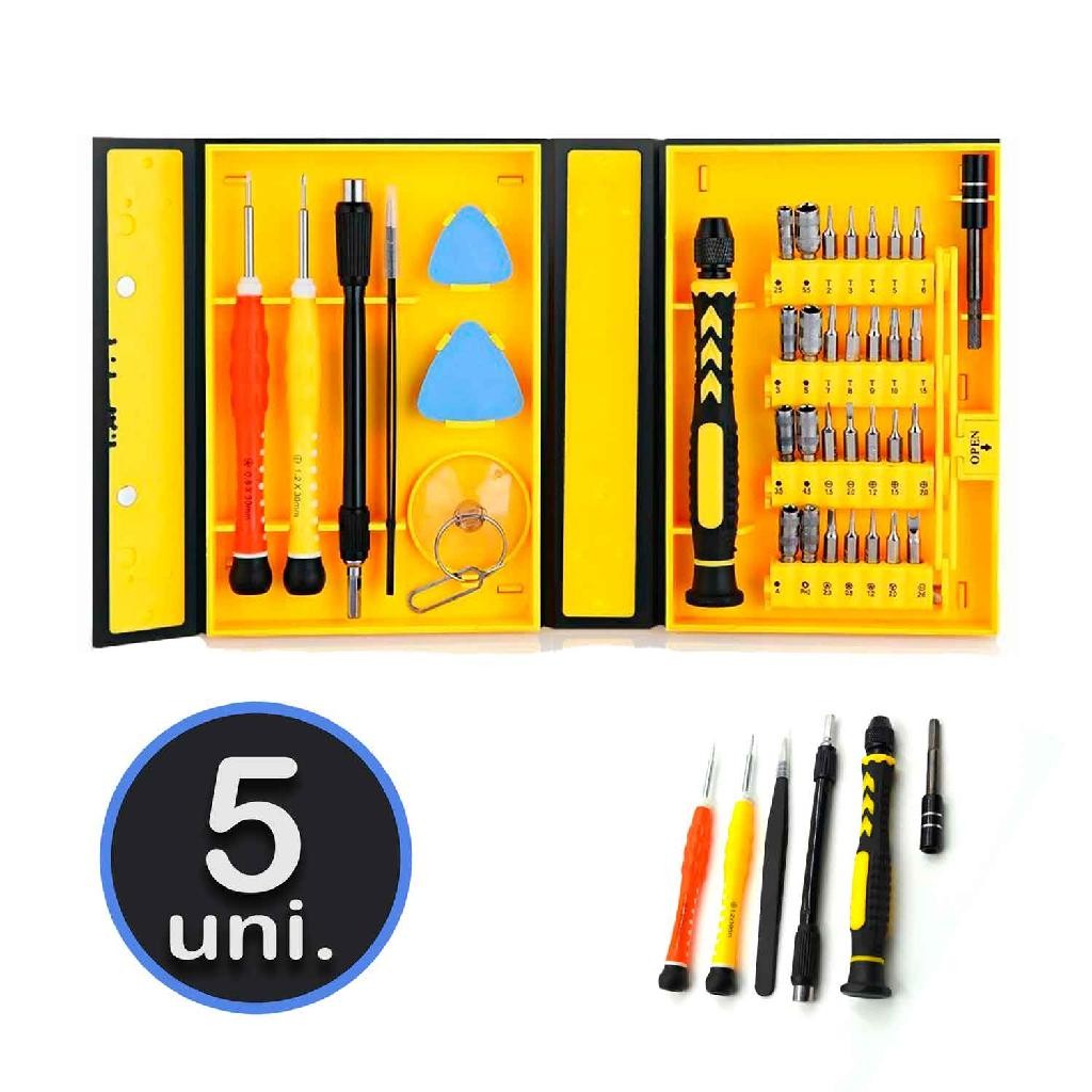 Kit 5 Conjuntos de Chaves Precisão 38 Peças para Celular, Notebook e Eletrônicos - Torx, Fenda, Philips