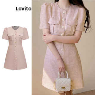 Lovito Vestido Elegante Liso Com Botões Plissados Para Mulheres L77ED301