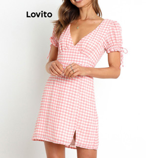 Lovito Vestido Casual De Guingão Com Frente Dividida Para Mulheres LNE31093 (Rosa)