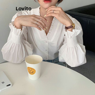 Lovito Casual Blusa Feminina Lisa Bata com Gola Contrastante e Manga Bispo L70AD003 (Branco/Azul)