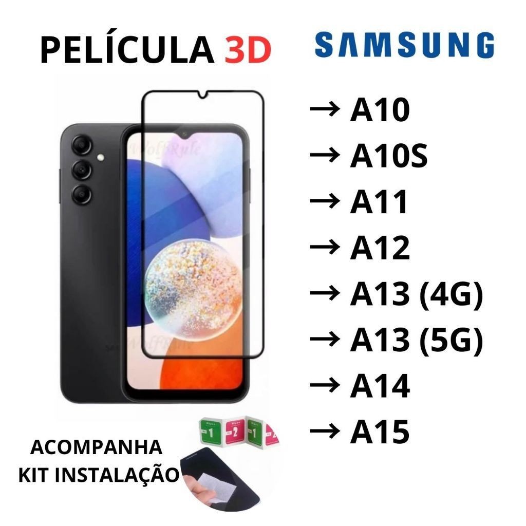 Película De Vidro 3D Para Samsung Modelos A03/03S(PRETO) A04CORE(PRETO) A04/A04S(PRETO) A05/A05S(PRETO) A14 4G/A14 5G(PRETO) A22 4G/M22(PRETO) A8PLUS(PRETO) A11(PRETO) A12/M12(PRETO) A13/M13(PRETO) A21S(PRETO) A23 4G(PRETO)