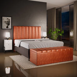 Kit Cabeceira Cama Box Casal King 195cm com Calçadeira Baú Dália W01 Couríssimo Camel - Lyam