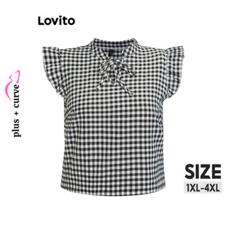 Lovito Blusa de Renda com Babado Xadrez Lisa Plus Size para Mulheres LBL08457