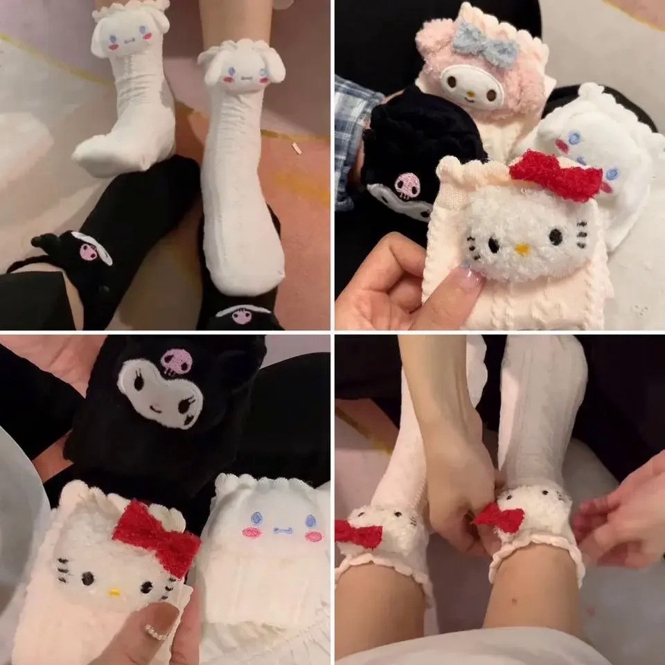Adorável Sanrio Lolita Meias Dos Desenhos Animados Kuromi Minha Melodia Cinnamoroll Olá Kitty De Algodão Kawaii Quente P