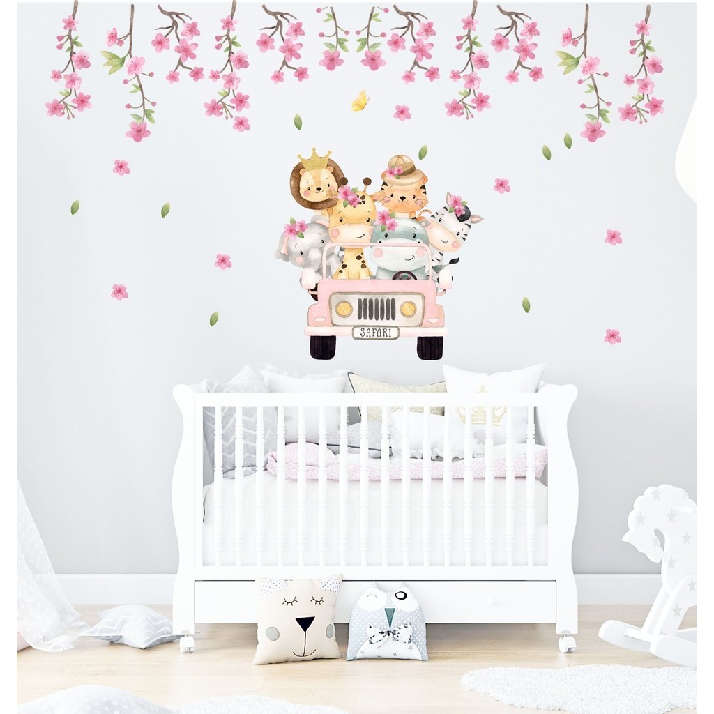 Adesivo de Parede Safari Jeep Rosa Boho Ramos de Cerejeira Papel de Parede Infantil Decalques