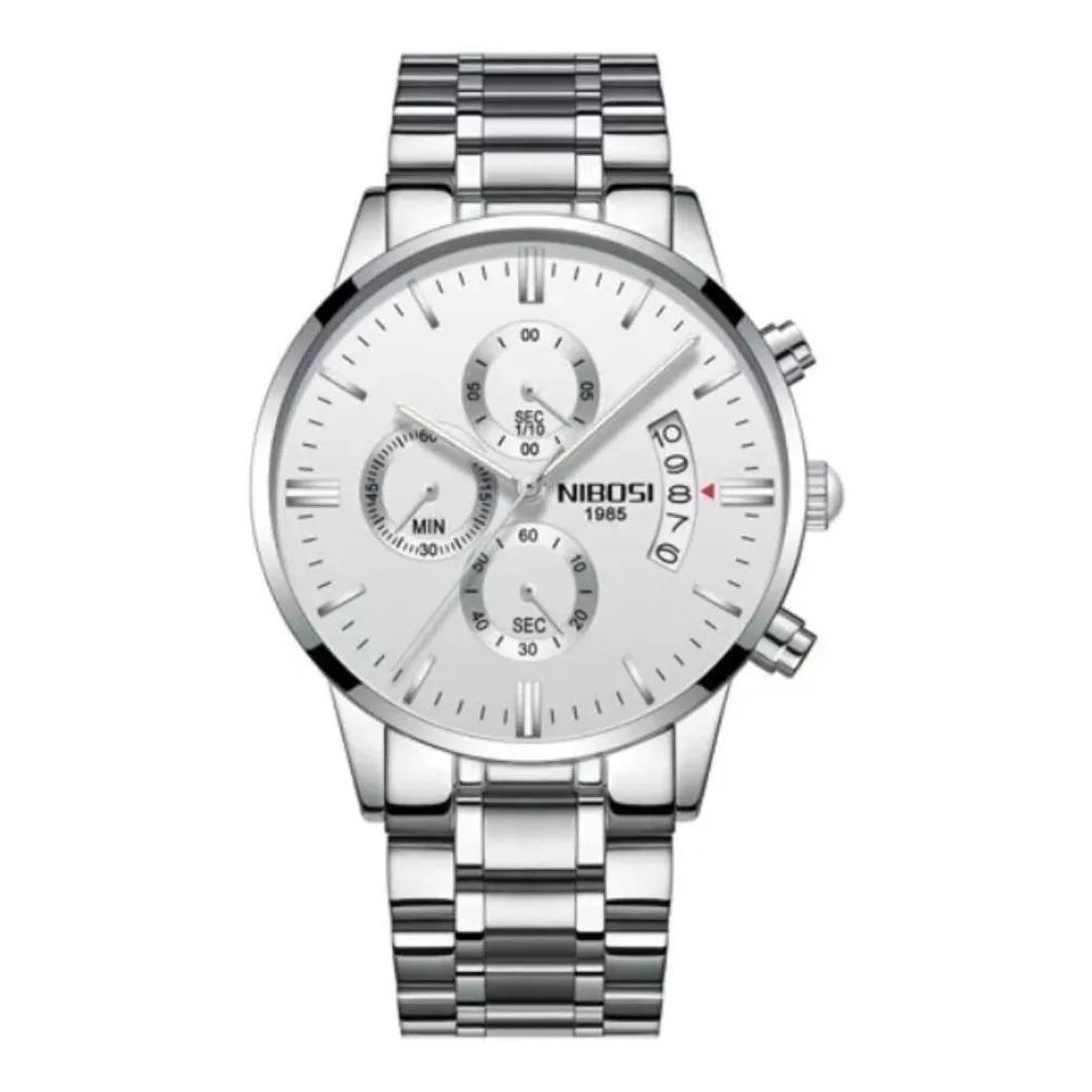 Relógio Masculino Nibosi 2309 Prateado Visor Branco Aço Inoxidável 43mm Cronógrafo funcional