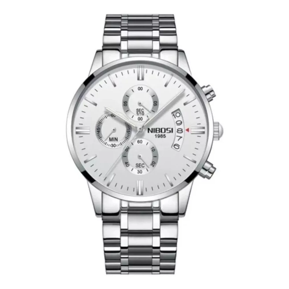 Relógio Masculino Nibosi 2309 Prateado Visor Branco Aço Inoxidável 43mm Cronógrafo funcional