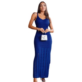 Vestido Feminino Longo Tricot Fenda Trico Festa Social Verão