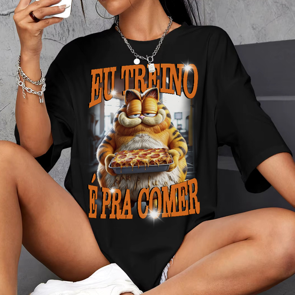 Camiseta Treino Feminina Gato Garfield Roupas de Academia Blusão Look de Treino Engraçado