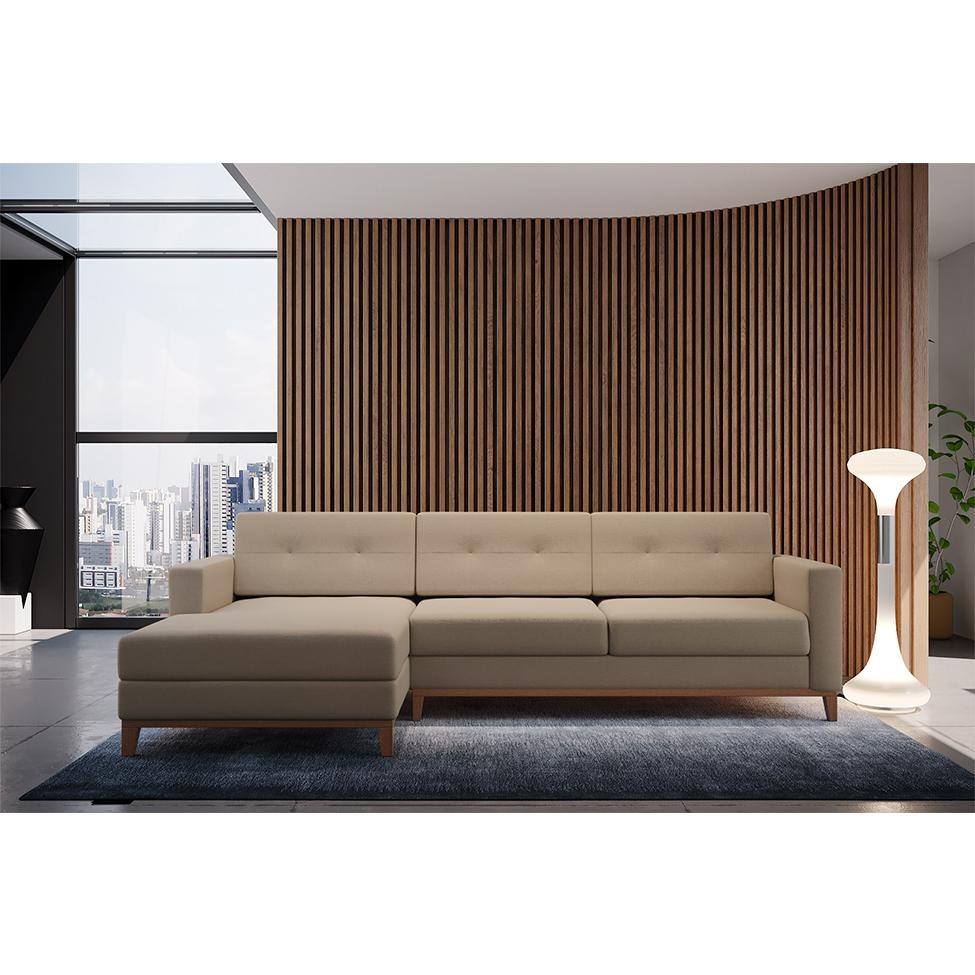 Sofá 3 Lugares Living com Chaise Esquerdo Pés e Base em Madeira Linho Cotton Bege em Oferta na Shopee