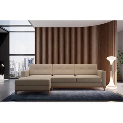 Sofá 3 Lugares Living com Chaise Esquerdo Pés e Base em Madeira Linho Cotton Bege