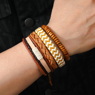 4PC Retro Moda Masculina Hip-hop Punk Beaded Multi-Camadas Pulseira De Couro De Bricolagem