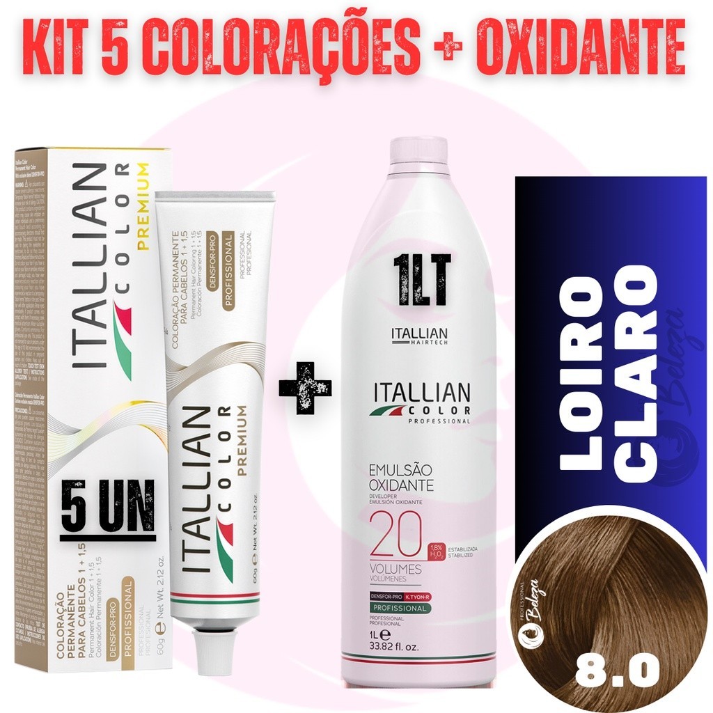 Kit 5 Tinta De Cabelo 8.0 Profissional Itallian Color + Ox20