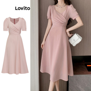 Lovito Elegante Vestido com Manga Bufante Simples para Mulheres L77ED262