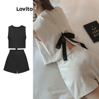 Lovito Conjuntos De Shorts Femininos Casuais Com Laço Liso Nas Costas L77ED396