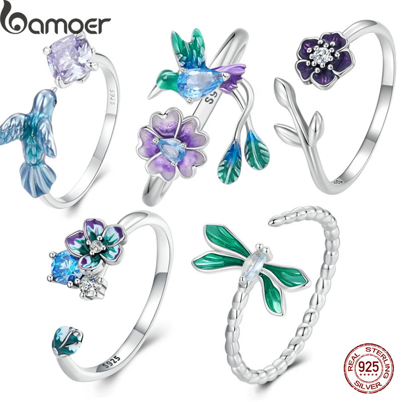 Bamoer Genuíno 925 Sterling Silver Hummingbird Flower Dragonfly Aberto Anel Ajustável Para Mulheres Jóias Finas Presente De Aniversário - Fashion Accessories