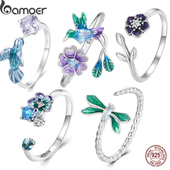 Bamoer Genuíno 925 Sterling Silver Hummingbird Flower Dragonfly Aberto Anel Ajustável Para Mulheres Jóias Finas Presente De Aniversário
