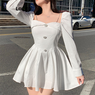 Lovito Casual Vestido Feminino Liso Franzido com Botão Frontal LNE27241 (Branco)