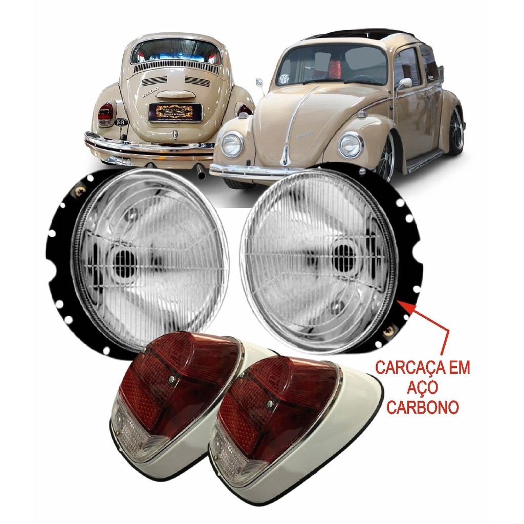 Kit Lanterna Sinaleira Traseira + Farol Fusca Fuscão 74 75 76 77 78 79 - 1500 1600 Lente Vidro Raiada Carcaça em Metal