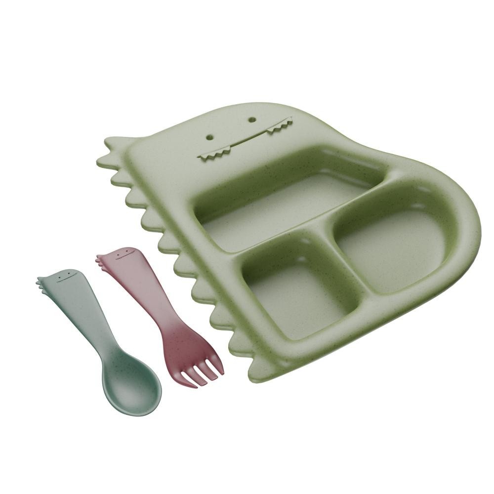 Prato com 2 Talheres Lyor Baby Dino de Bambu e PP Verde - Home & Living