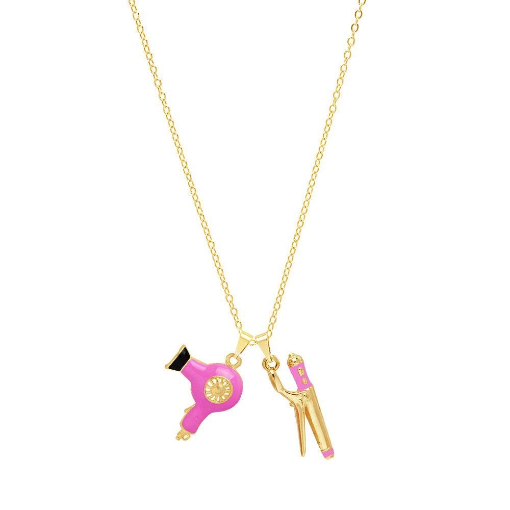 Colar Cabeleireira Com Secador E Babyliss Rosa Folheado A Ouro 18k
