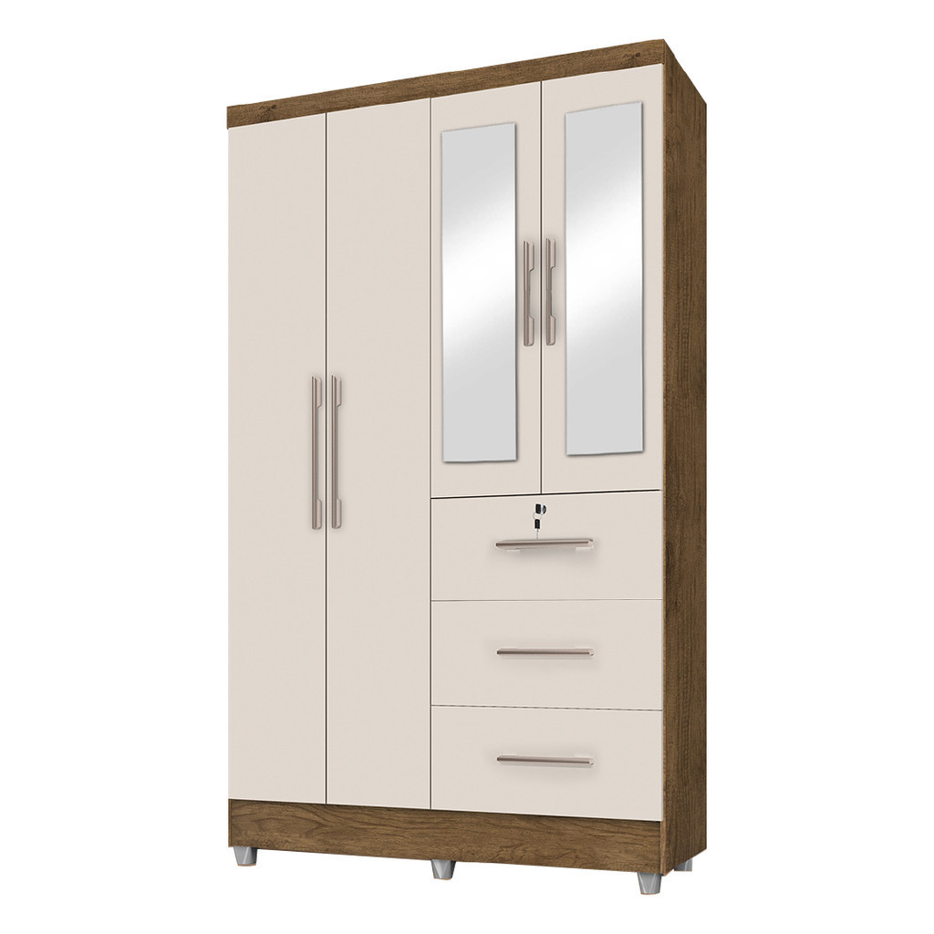 Guarda Roupas Solteiro Com Espelho 4 Portas 3 Gavetas com pés Tokio Jequitibá/Off White J&A em Oferta na Shopee