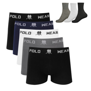 Kit 5 Cueca Boxer Polo Wear Microfibra Sortido + 3 Meias M15 em Oferta na Shopee