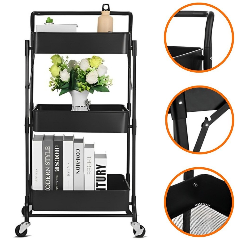 Organizador Com Rodas Dobravel 3 Prateleiras Preto De Metal Para Manicure Quarto Cozinha Escritorio — imagem 2 de 2