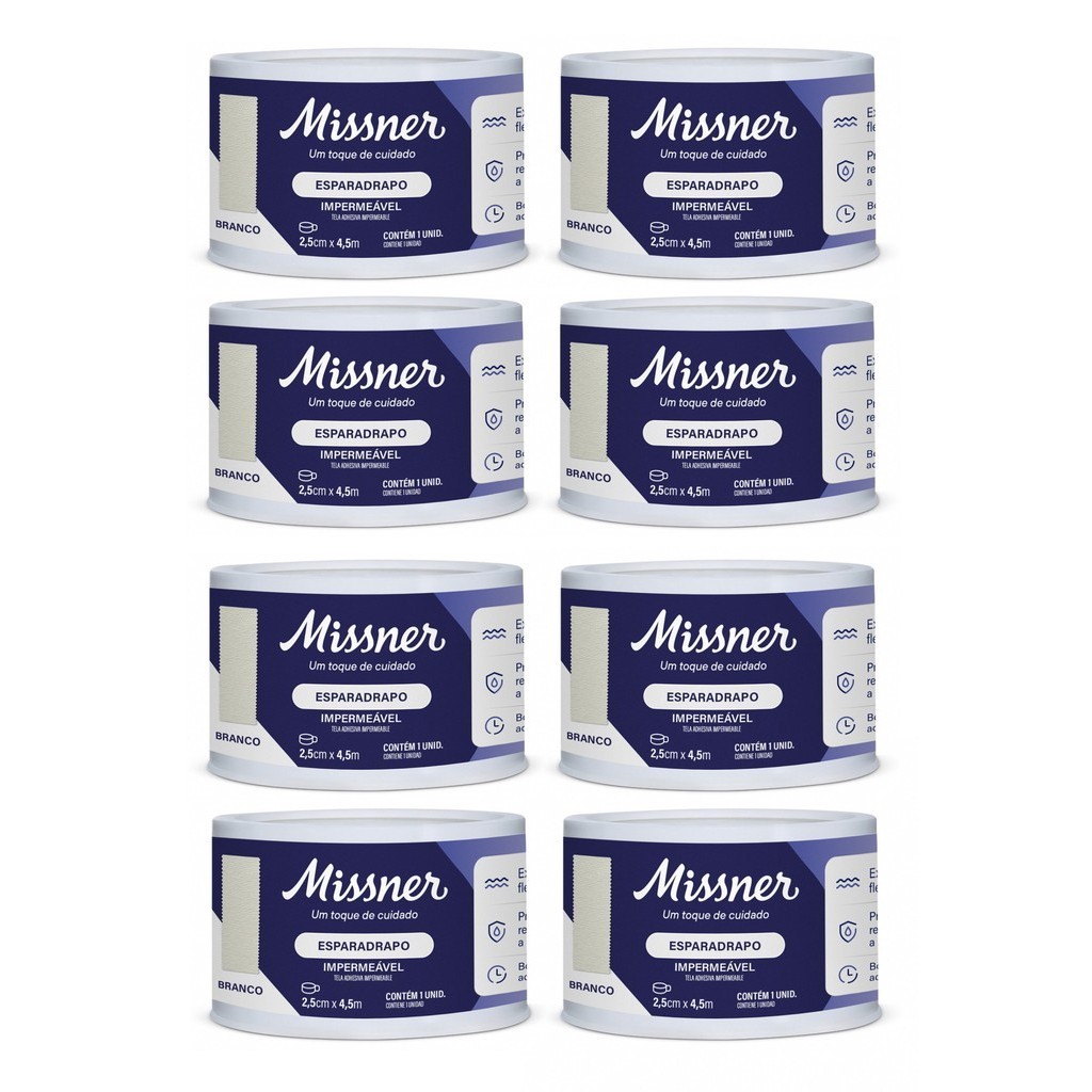 Kit 8 Esparadrapo Impermeável 2,5cm X 4,5m Branco - Missner