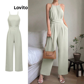 Lovito Macacão casual liso com cordão e bolso com cinto para mulheres L80ED466