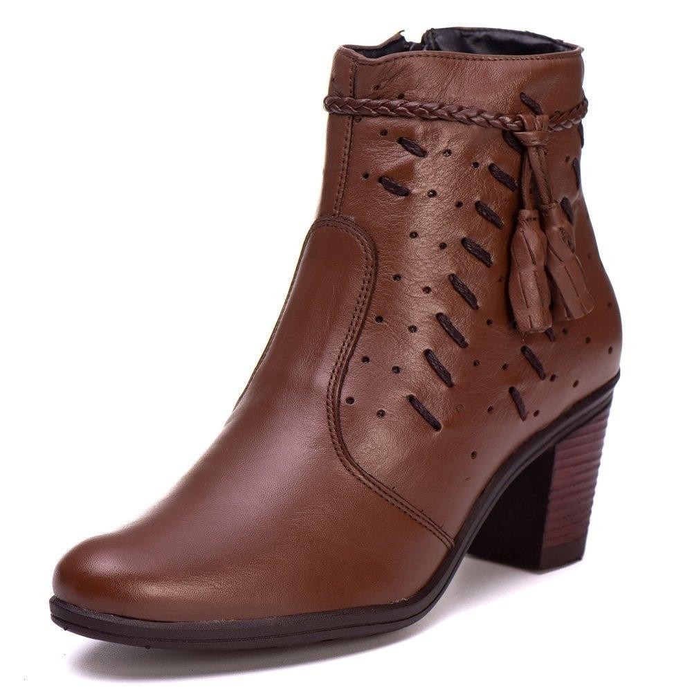 Bota Couro Feminino Cano Curto Zíper Moda Tira Trançada Moderna Costura Elegante Salto Grosso