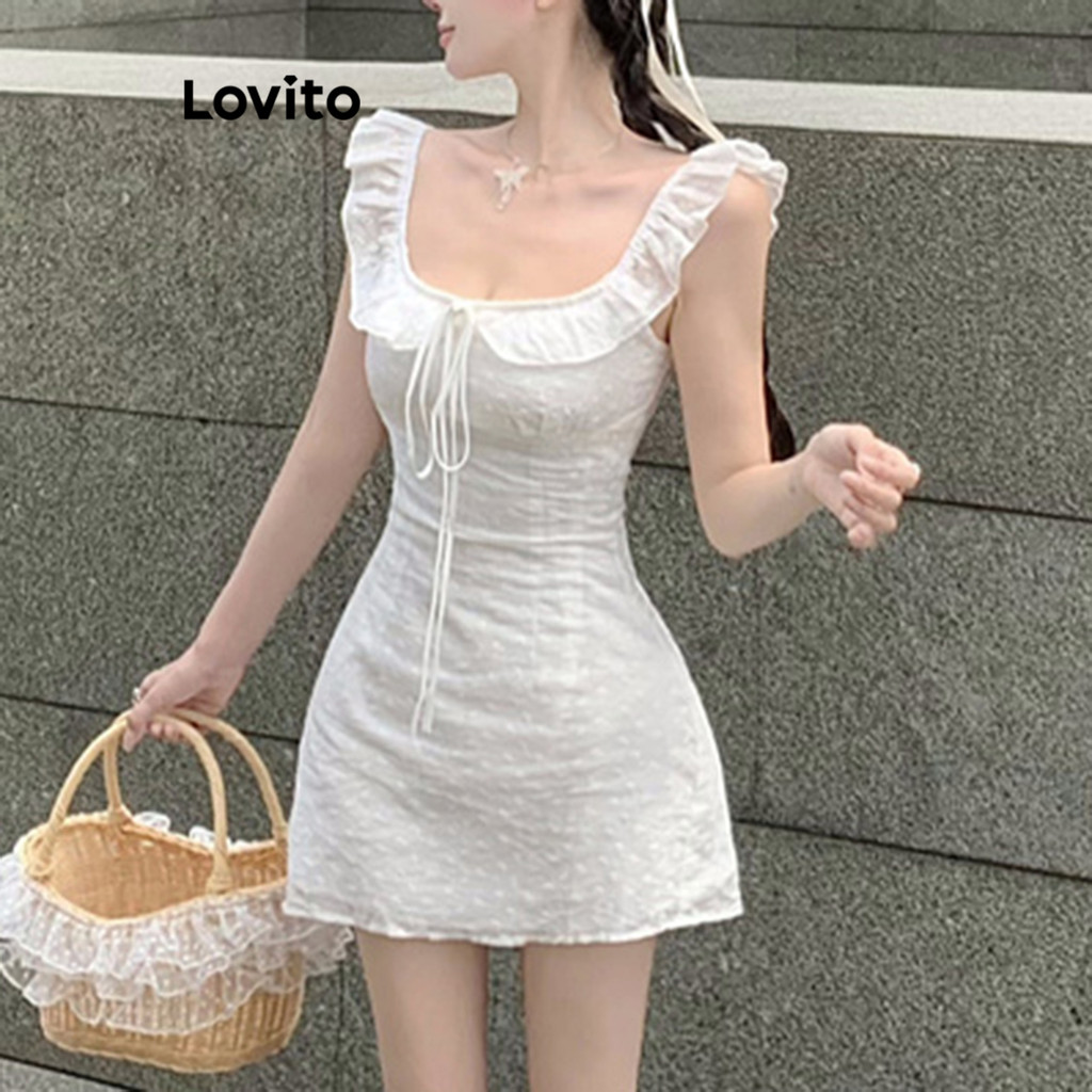 Detalhes do Lovito Vestido bonito com bordado de ilhós na frente e gravata simples para mulheres L122AD063