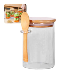 Pote/Colher de Vidro com Tampa de Bambu Grosso c/Colher 250ml Porta Temperos Saleiro