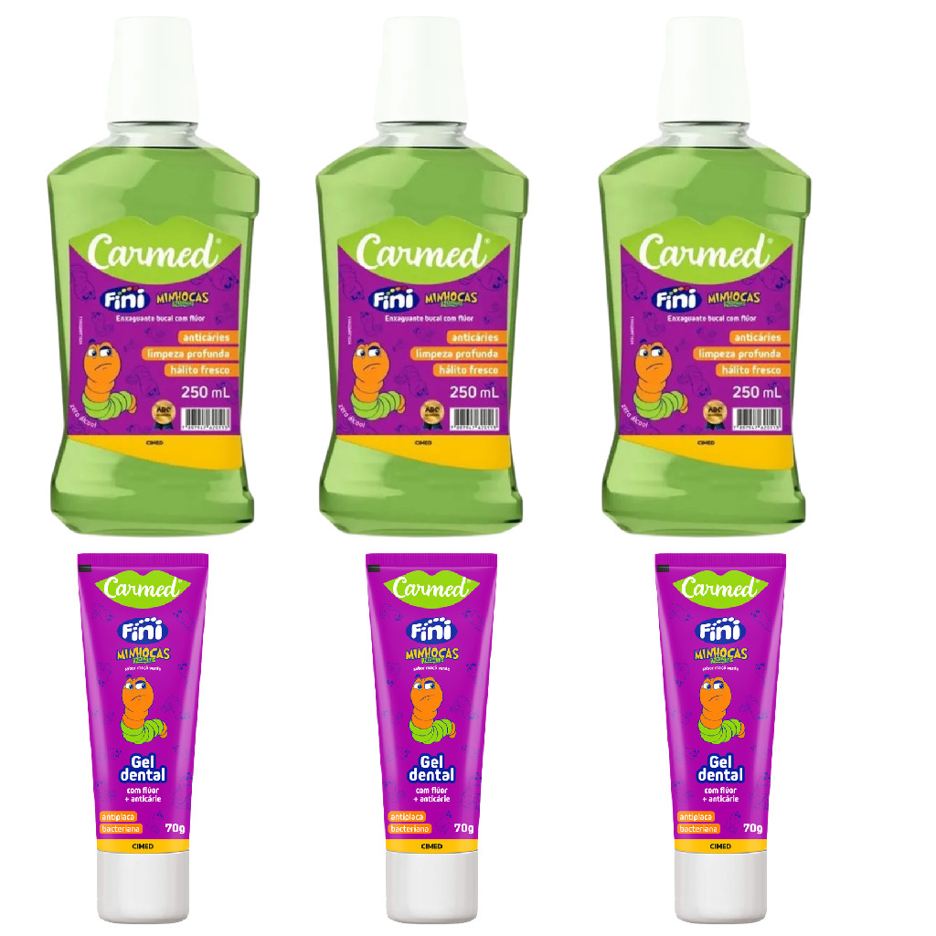 Kit 3Un  Gel Dental 70g + 3Un Enxaguante Bucal 250ml Fini Minhocas Carmed - Cimed