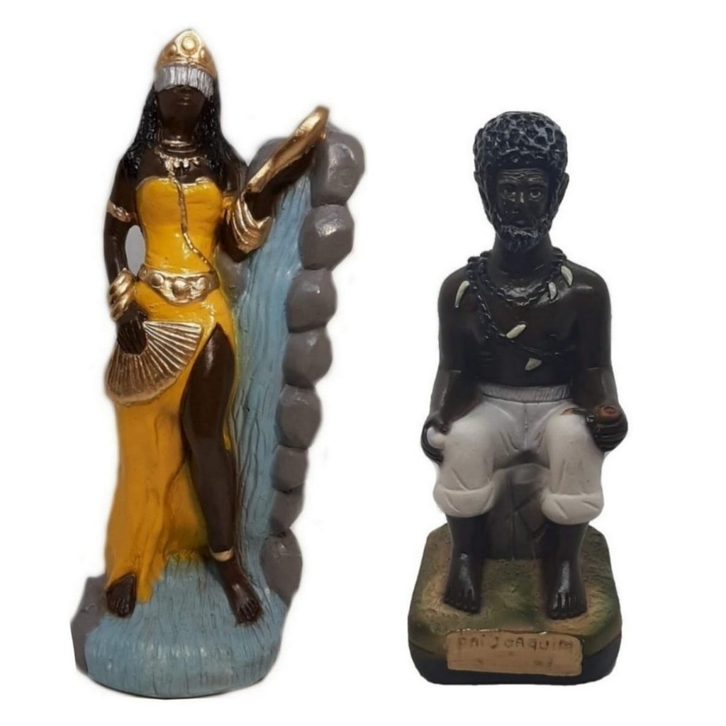 Escultura Estatueta Estátua Pai Joaquim Preto Velho e Orixá Oxum Candomblé Umbanda Imagem Em Gesso 22cm Altar Congá Porteira Tronqueira