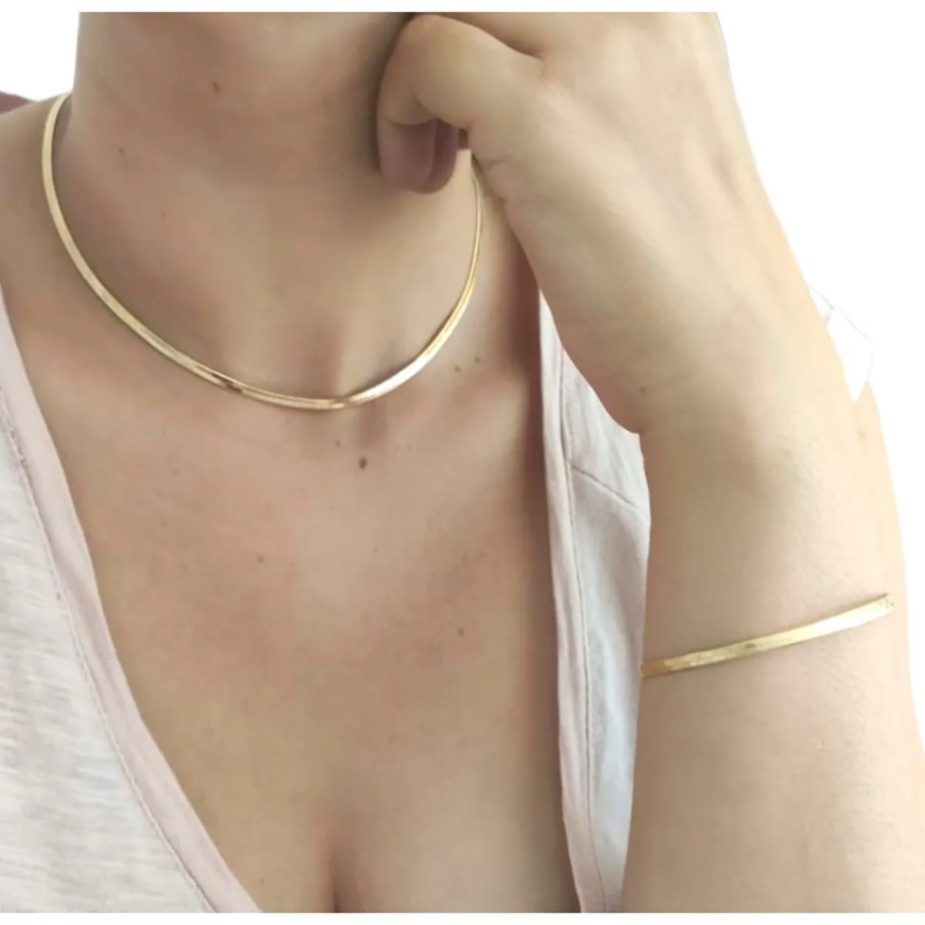 Exclusivo Conjunto Choker Pulseira Fita Laminada Malha dourada