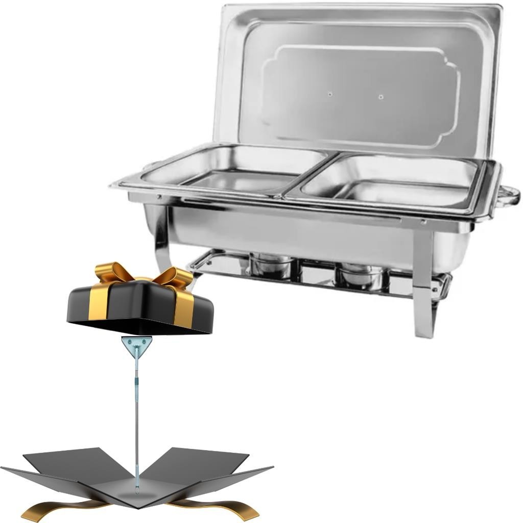 Rechaud Duplo Retangular Inox 2 Cubas 9L A Alcool + Mop De Limpeza