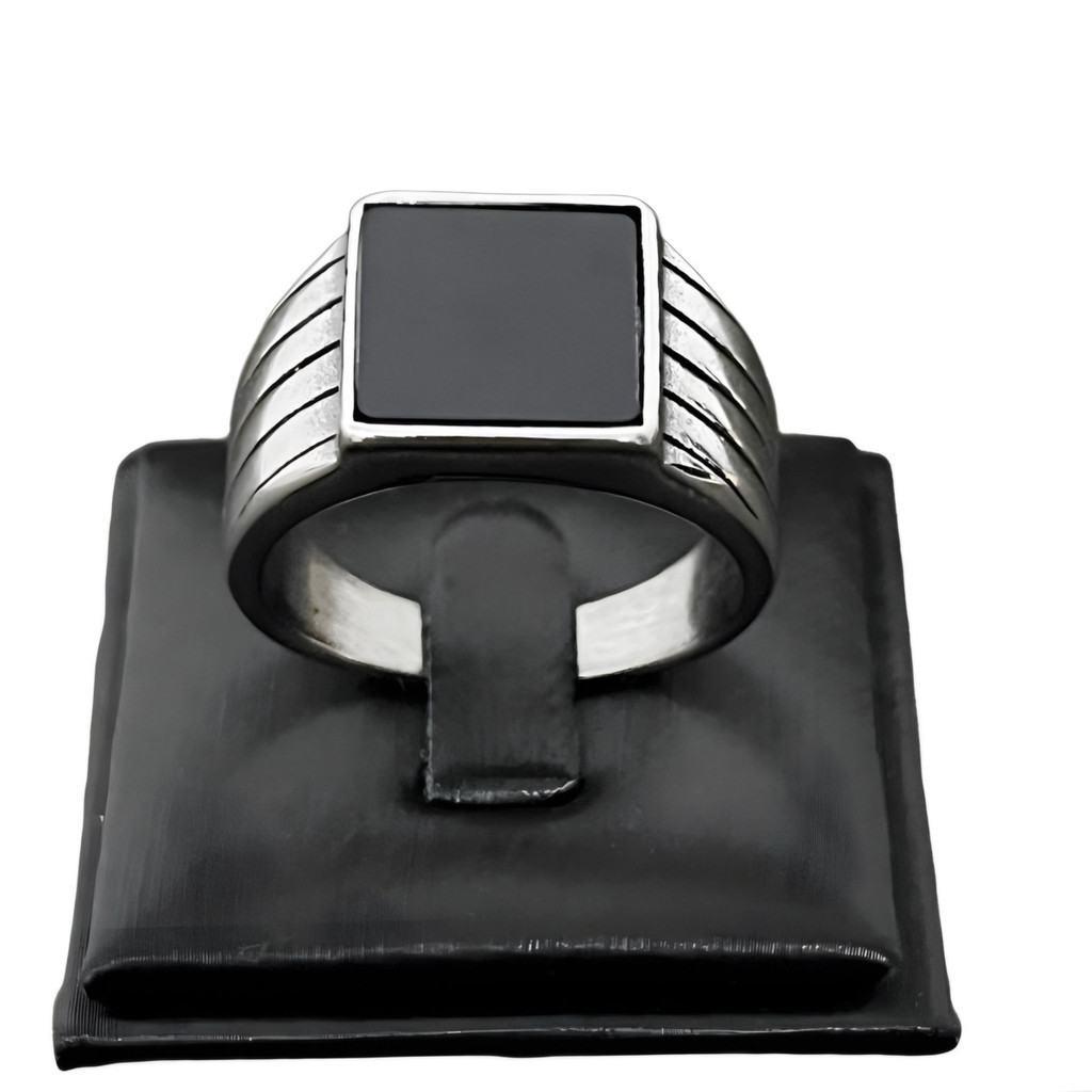 Anel Masculino Comendador Pedra Preta Onix Lisa Aço Inox