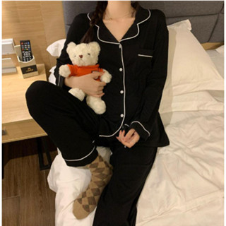 Lovito Conjuntos De Pijama Femininos De Manga Comprida Com Contraste Simples E Casual LNA38034 (Preto)