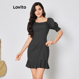 Lovito Vestido com Bolinhas e Barra Franzida para Mulheres LBL08223