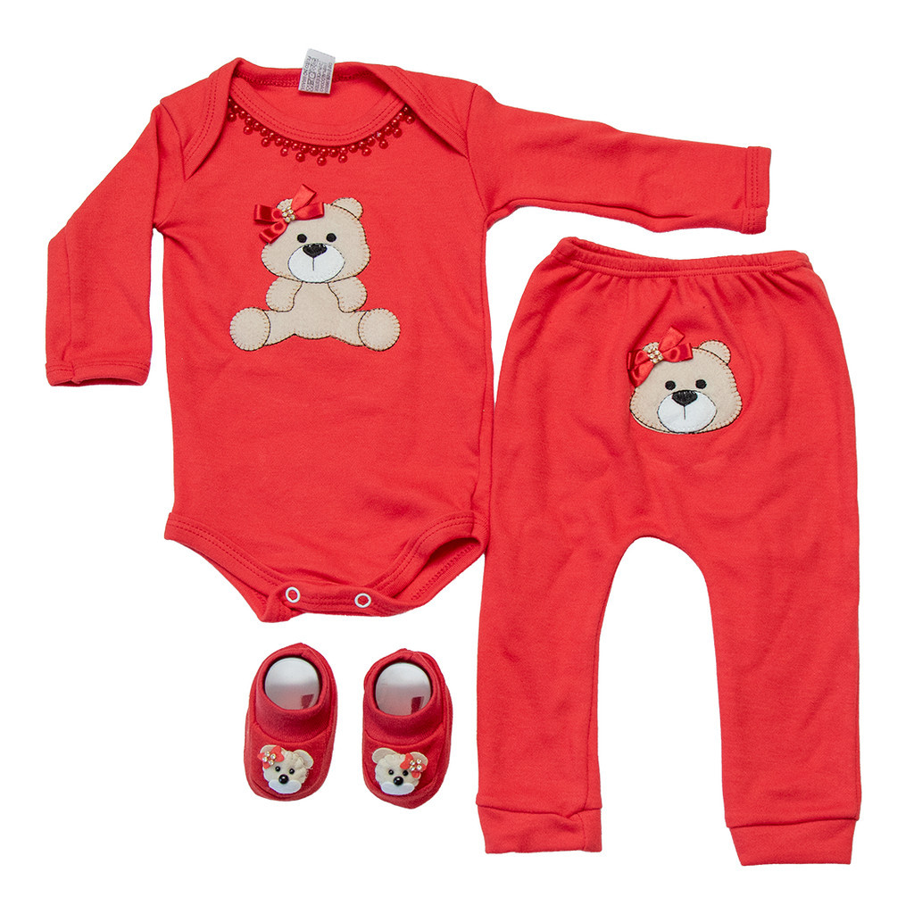 Body Bebê menina Conjunto 3 peças com mijão bordado e sapatinho ursinha teddy em Oferta na Shopee