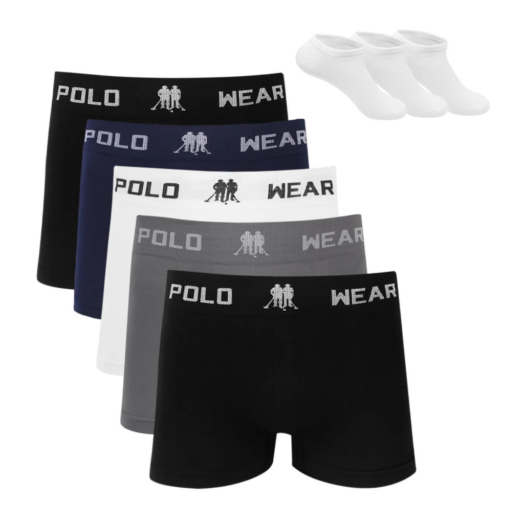 Kit 5 Cueca Boxer Polo Wear Microfibra Sortido + 3 Meias M1