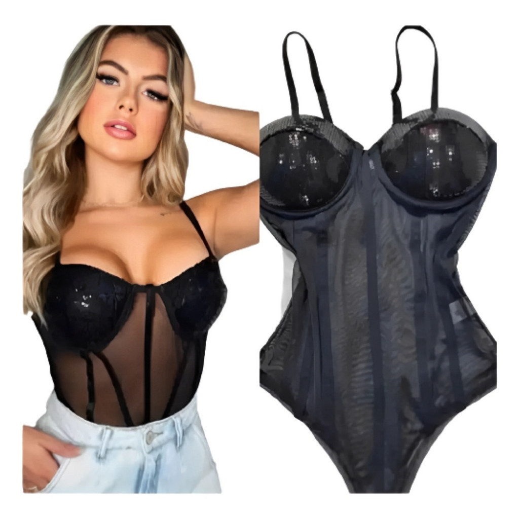 Body Bori Feminino Paetê Tule Bojo Retrô Alcinha Estilo Lingerie