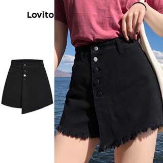 Lovito Casual Shorts Jeans com Barra Crua e Falsa 2 em 1 para Mulheres L74ED020