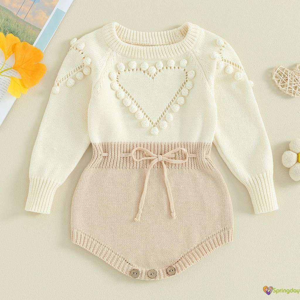 Macacão Infantil para Meninas Outono Inverno Manga Longa Malha Patchwork Macacão, 0-24 Mes...