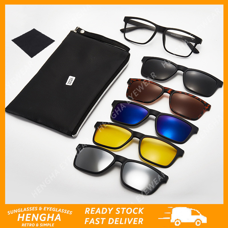 (HENGHA) Óculos De Sol 5 Em 1 Conjunto Magnéticos Clip-On Day/Night Driving Vision em Oferta na Shopee