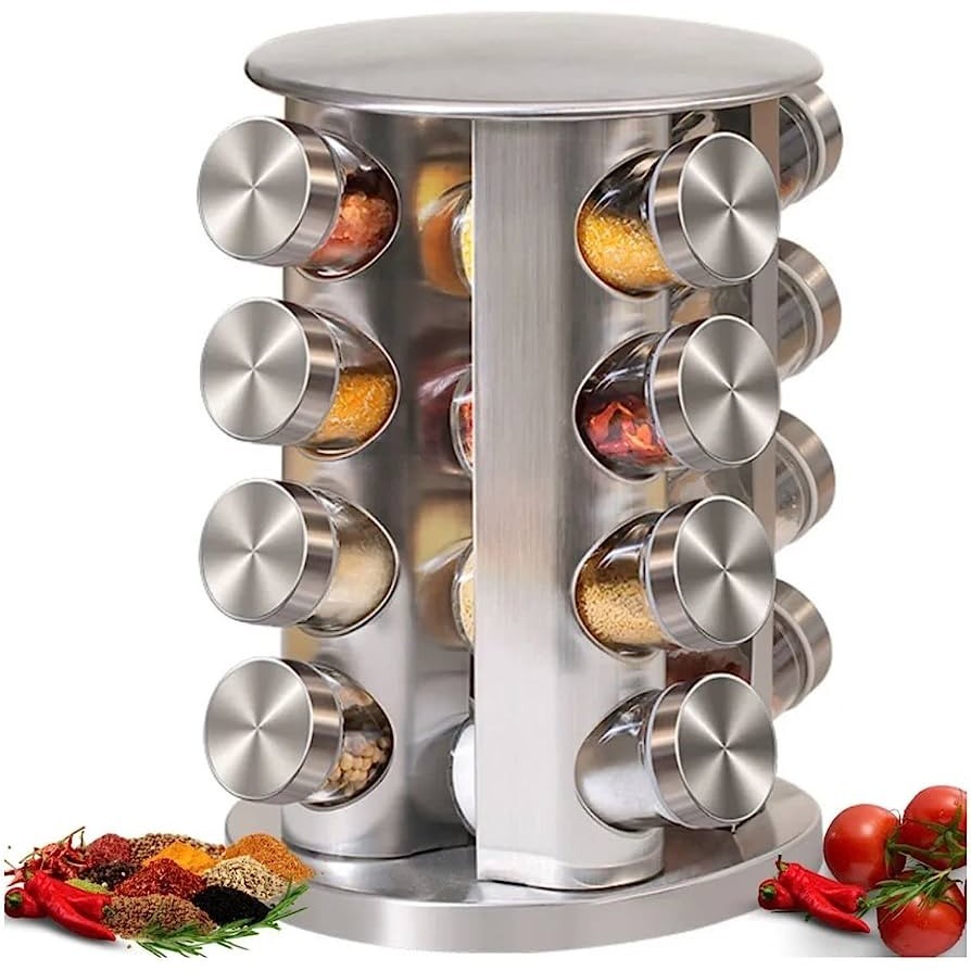 Porta Tempero e Condimento Suporte Giratório Redondo Inox 16 Potes de Vidro + Etiquetas C/ Canetinha