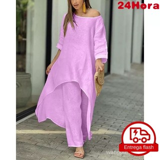 Conjunto feminino de algodão e linho casual plus size irregular de manga longa blusa  calça de perna larga