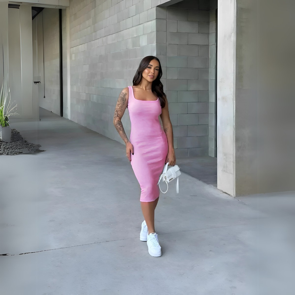 Vestido Midi Gringa Canelado – Costas Abertas, Alça Ajustável e Shape Elegante em Oferta na Shopee