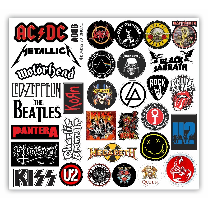 Adesivos Bandas Clássicas de Rock In Roll AcDc Metallica Kizz U2 Beatles Personalizado Mega Cartela em Oferta na Shopee